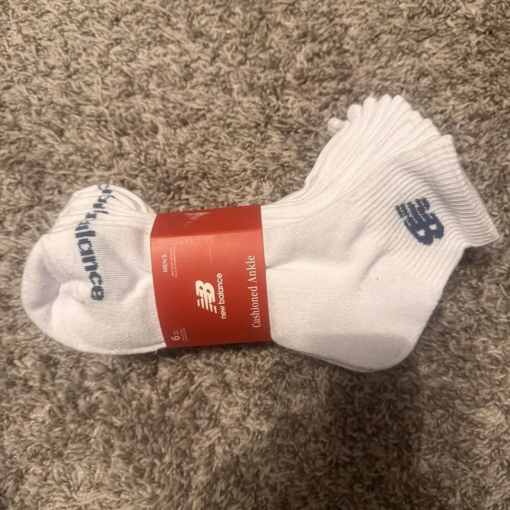 New Balance Cushioned Men’s Ankle Socks White L 6 Pairs Logo Polyester